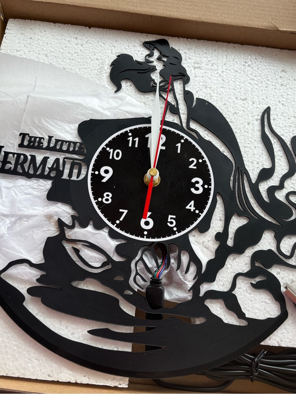 Black Mermaid Wall Clock - The Little Mermaid with led  lights remote control